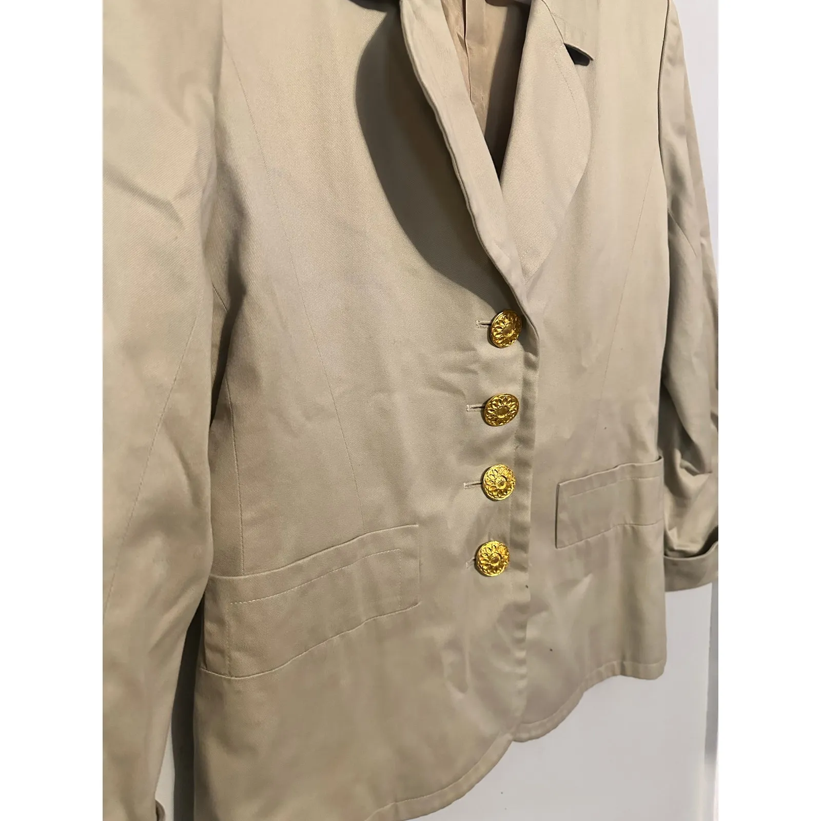 YVES SAINT LAURENT Tan Beige Vintage Gold Button Studded 100% Cotton Blazer 40 - Image 4