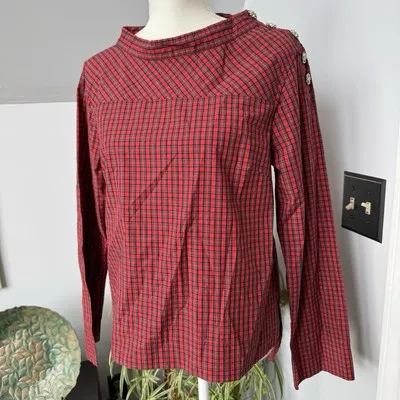 J. Crew Jewel Button Funnel Neck Red Plaid Popover Shirt Holiday Party‎ Size 6 - Image 3