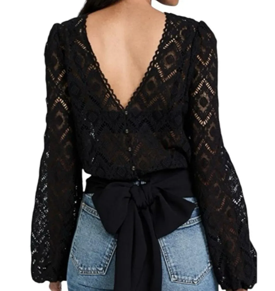 NWT byTiMo The Crochet Top Needle Lace Waist Tie Blouse in Black - Image 3