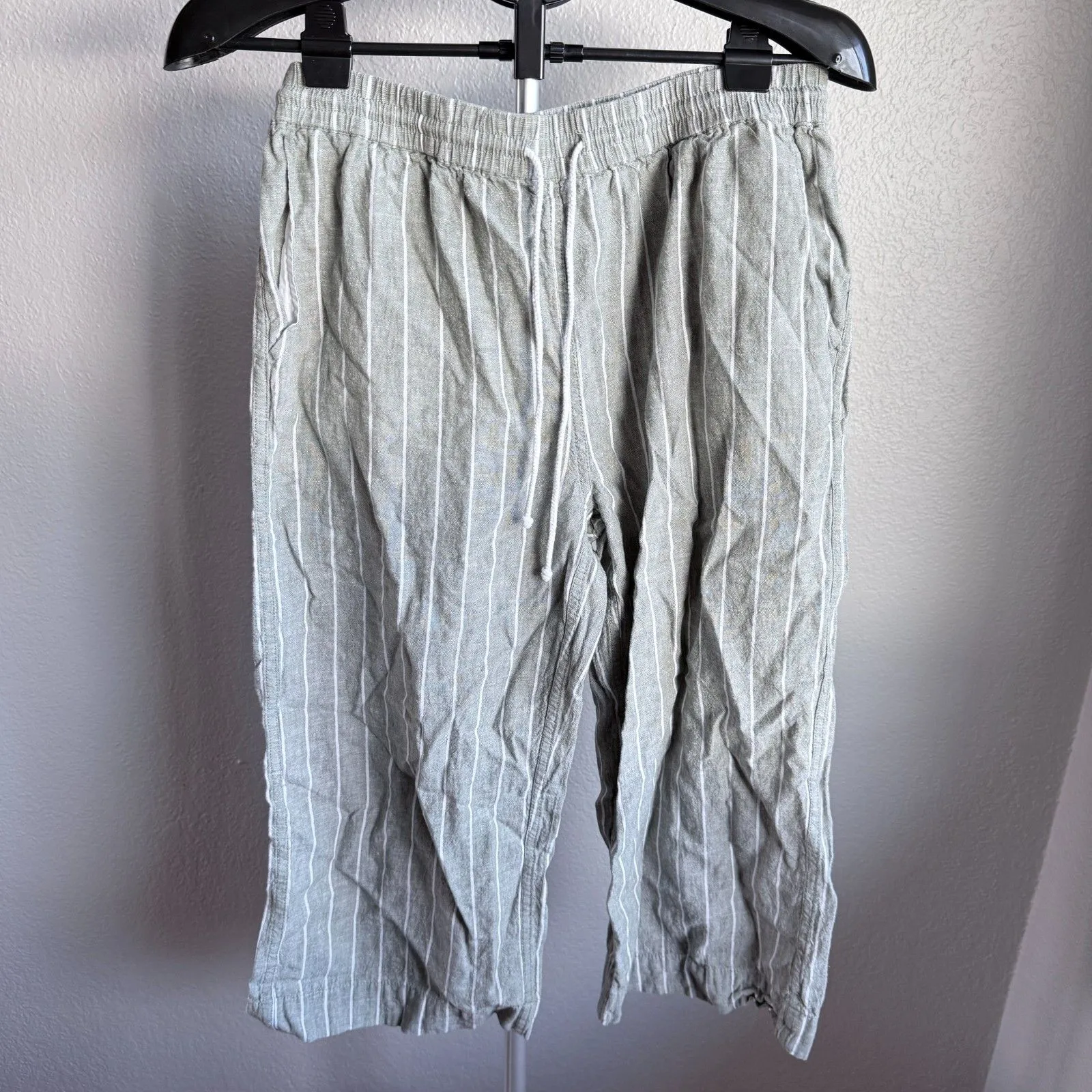 Beachlunchlounge Margo Striped Linen Cotton Wide Leg Cropped Crop Green Pants S - Image 2