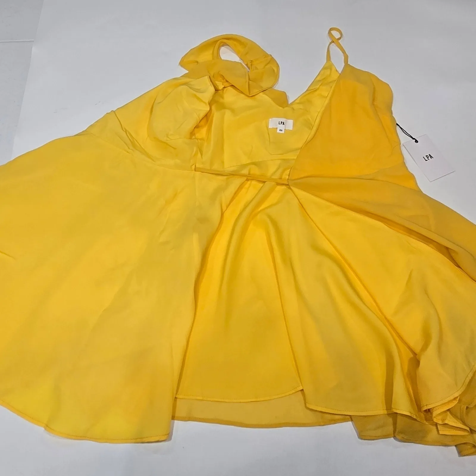 LPA Asymmetrical Ruffle Wrap Dress in Golden Yellow XS - Image 9