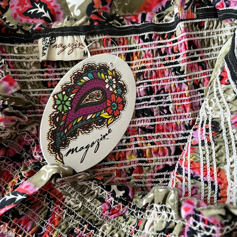 MAGAZINE 100% Silk Paisley Print Mini Dress Sz M Adjustable Straps Smocked NEW Size M - Image 6