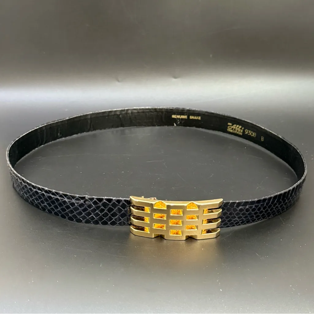 Vintage 80s ABBI Creation Black Genuine Snake Leather Gold Buckle Belt Size 32 - Image 12