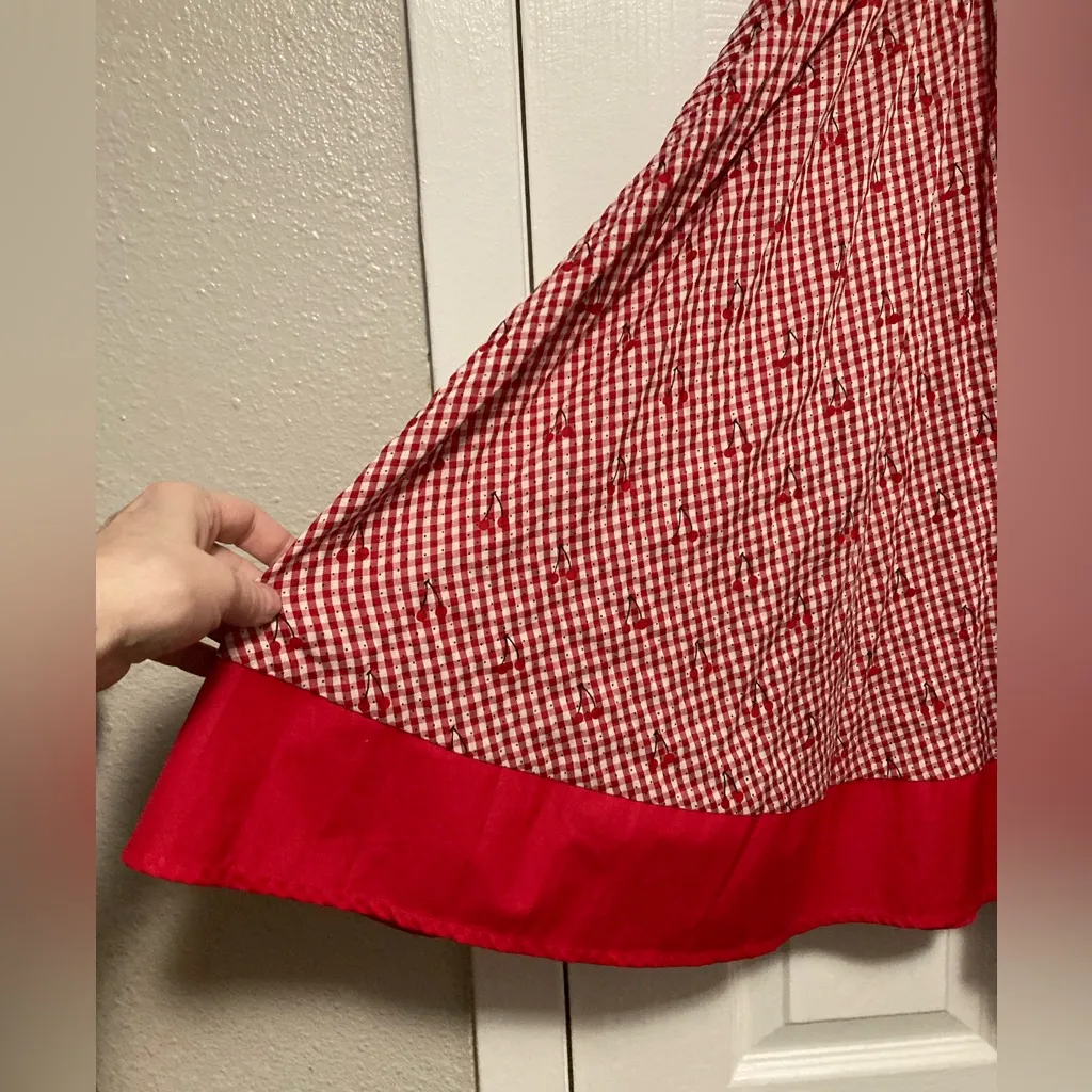 Unique Vintage Red Gingham Cherry Print Rye Swing Skirt - Image 7