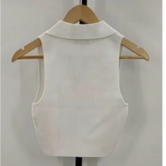 Quince  Cropped Polo Ribbed Knit Top | small | white - Image 3