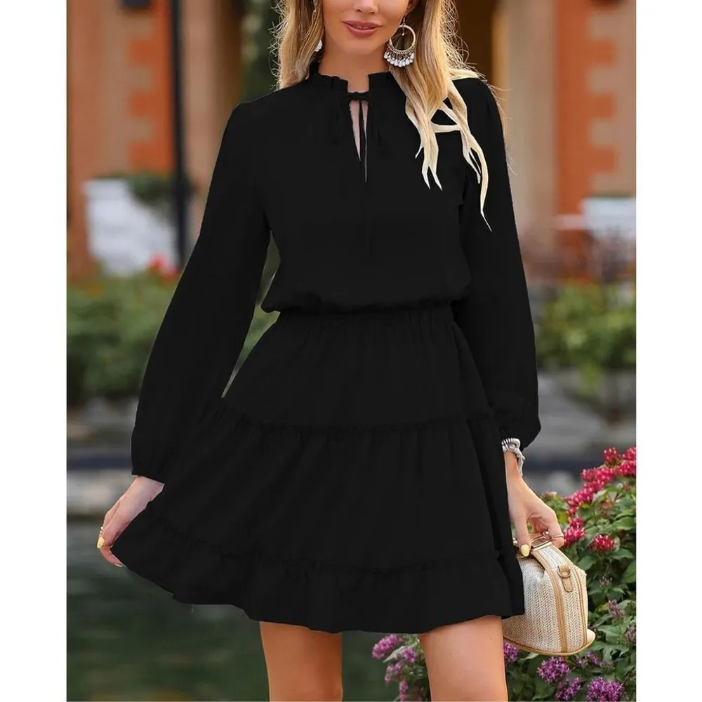 NEW Black Tie Neck Long Sleeve Tiered Ruffle Lined Career Dress S - Image 2