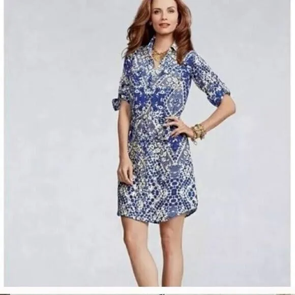 CAbi‎ Womens XS Dress Blue White Abstract Print Button Down Shirt Geometric Work - Image 7