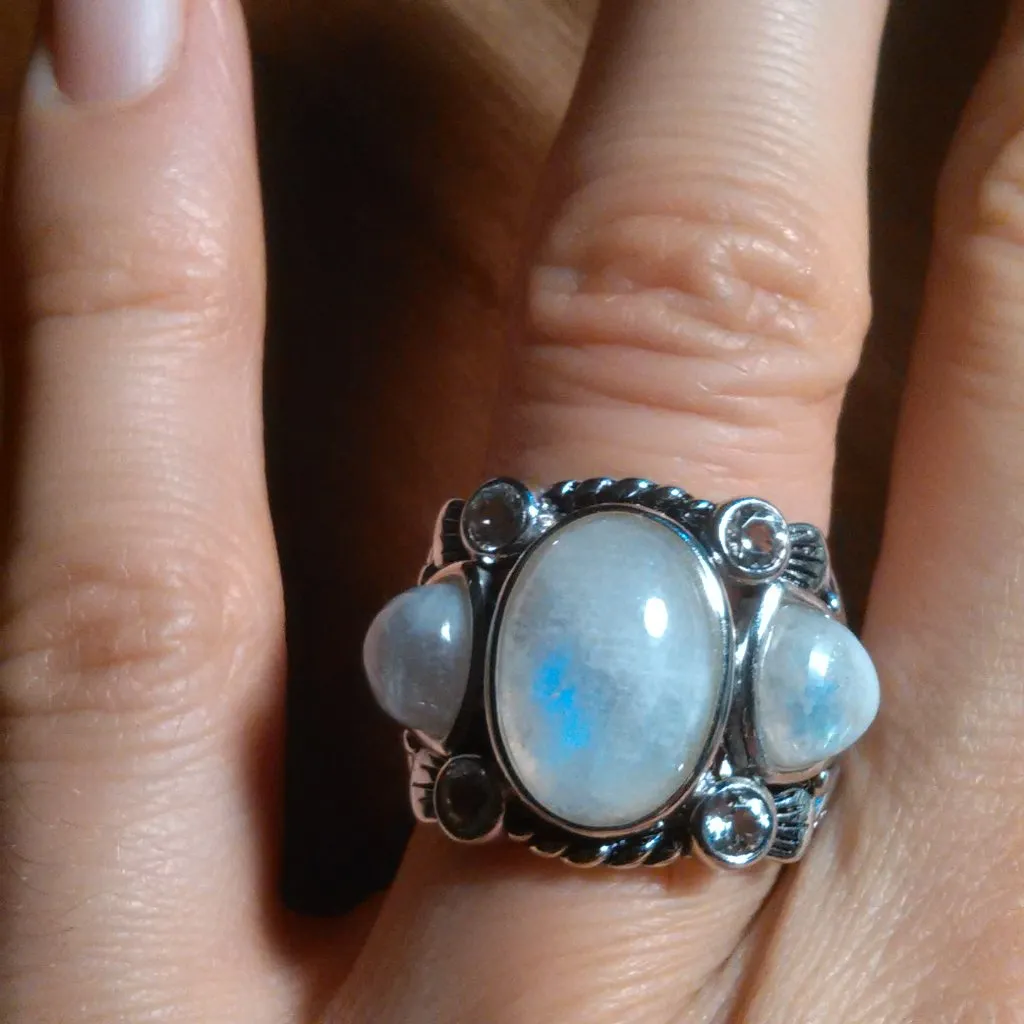 White Rainbow Moonstone Three Stone Sterling Silver Ring (Size 7) - Image 11