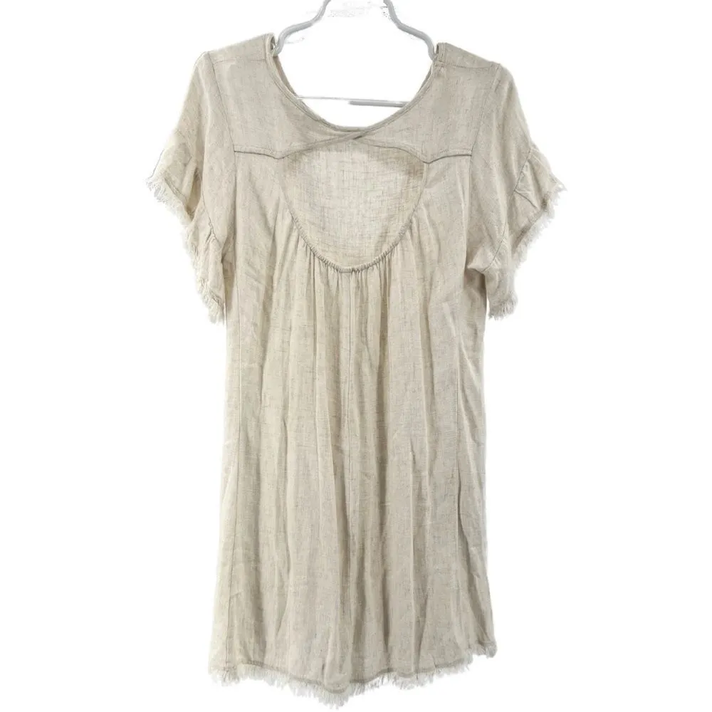 Umgee linen blend dress above the knee fringe ruffle sleeve neutral keyhole back - Image 4
