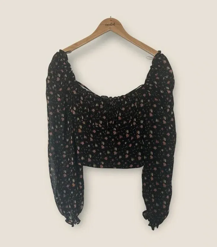 WAYF | NWT Ditsy Long Sleeve Crop Top | Size M | Black Floral - Image 7
