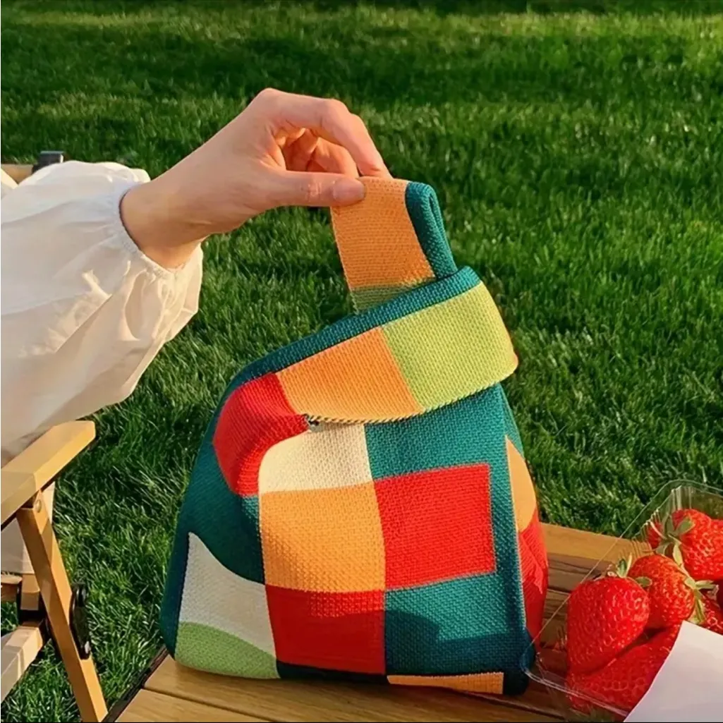 Colorblock Plaid Knitted Style Korean Style‎ Aesthetic Knotted Wrist Bag Woven - Image 3