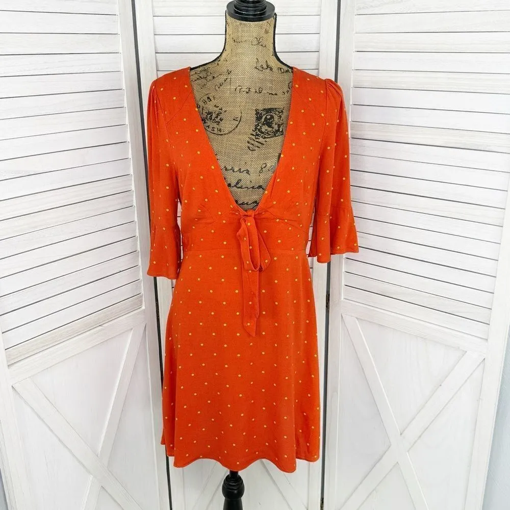 Free People All Yours Polkadot‎ Flounce Sleeve Mini Dress Orange V Neck 4 - Image 2