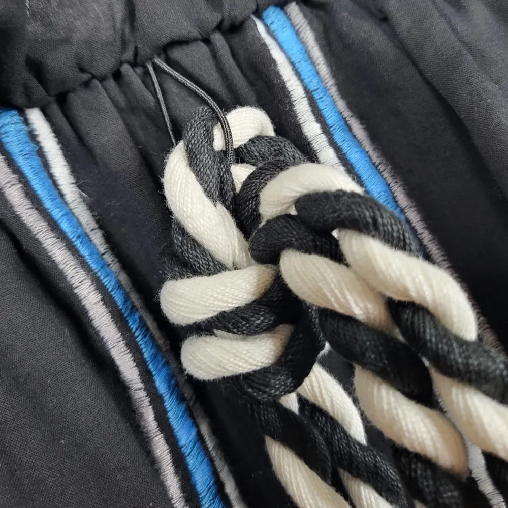 MISA Natalie Off The Shoulder Embroidered Mini Dress in Black/Blue/White - Image 6