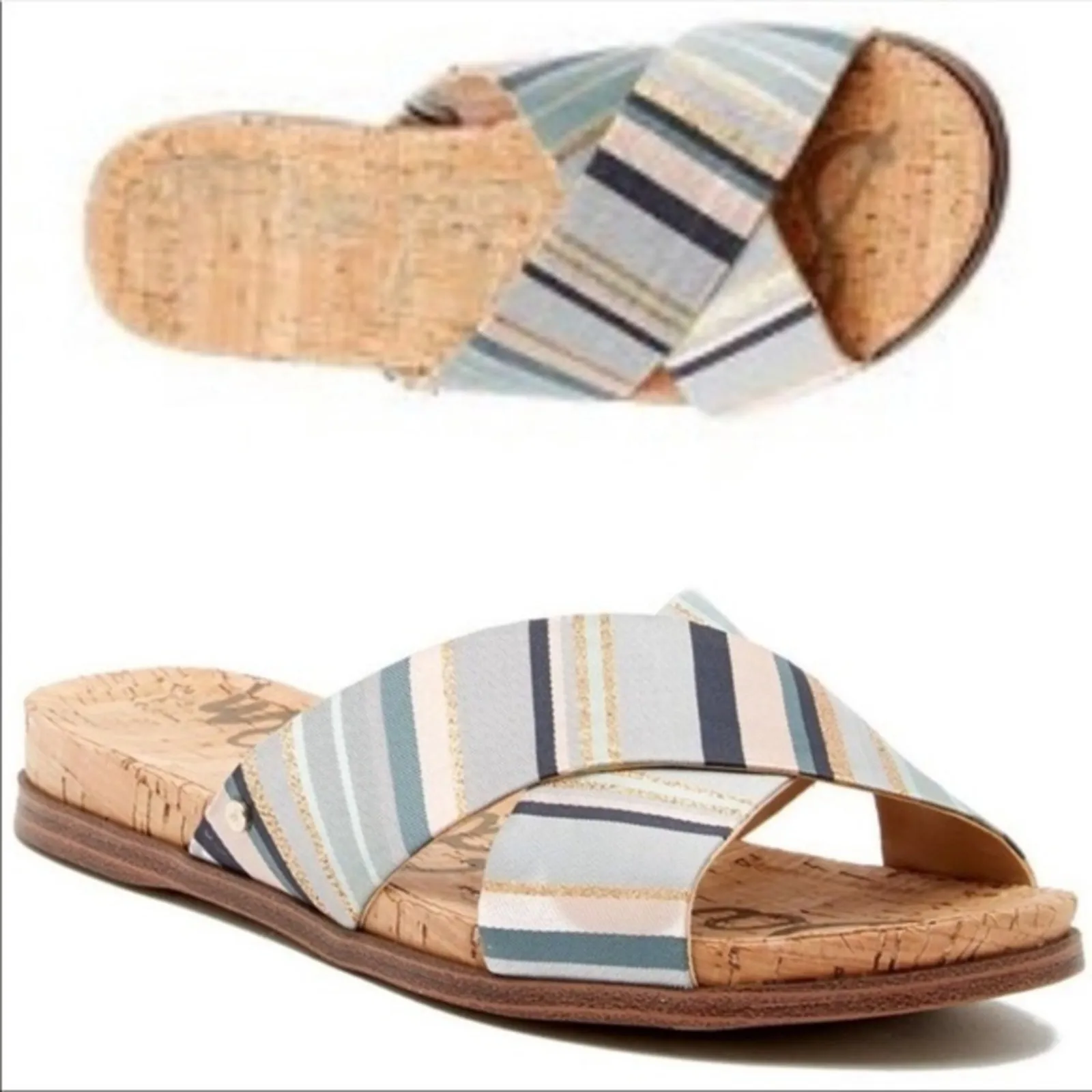 Sam Edelman Hattie Crisscross Sandals Womens 7.5 Blue Stripe Cork Coastal Boho - Image 2