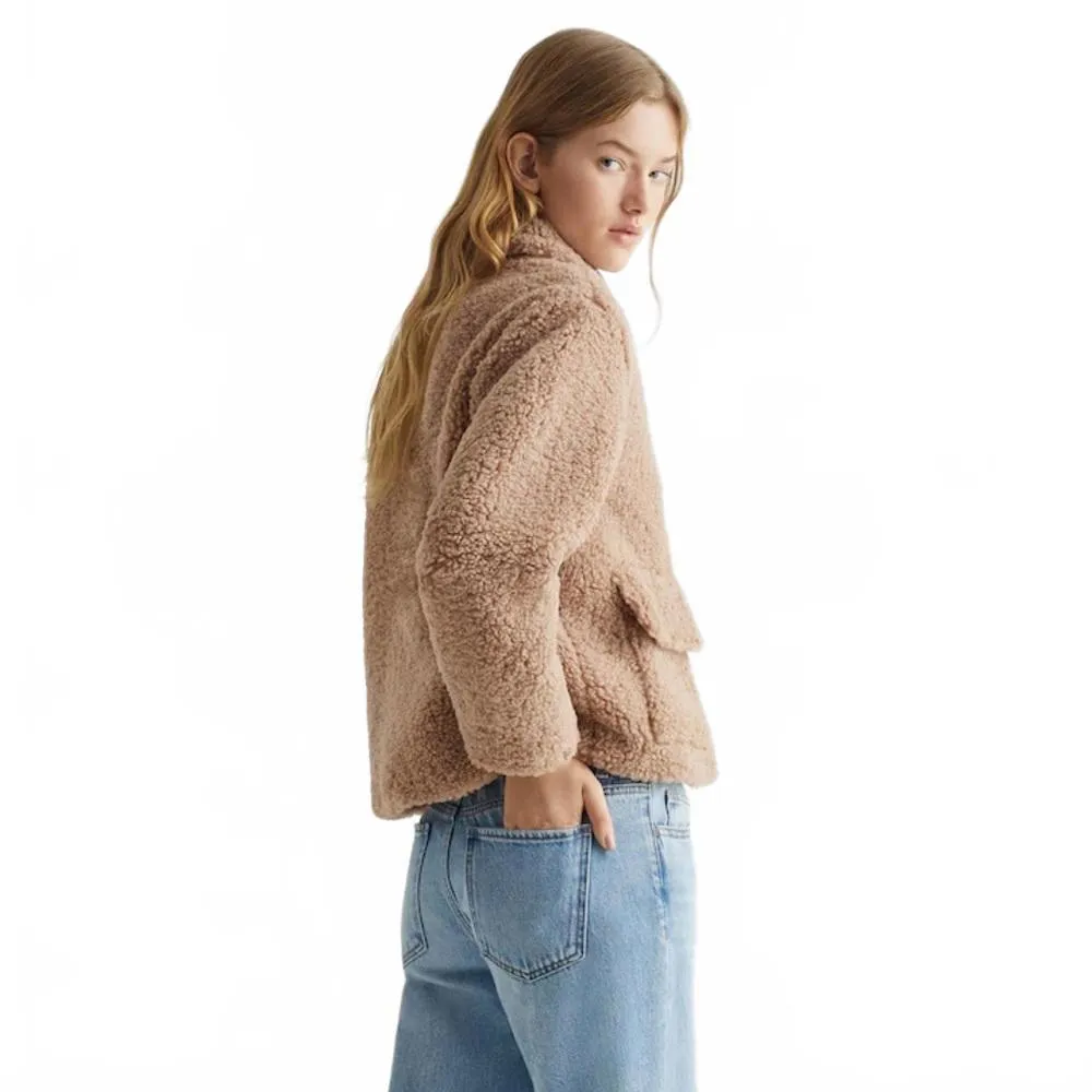 Mango Shearling-Effect Button-Up Coat TAN BROWN Cozy Teen's Large - Image 4