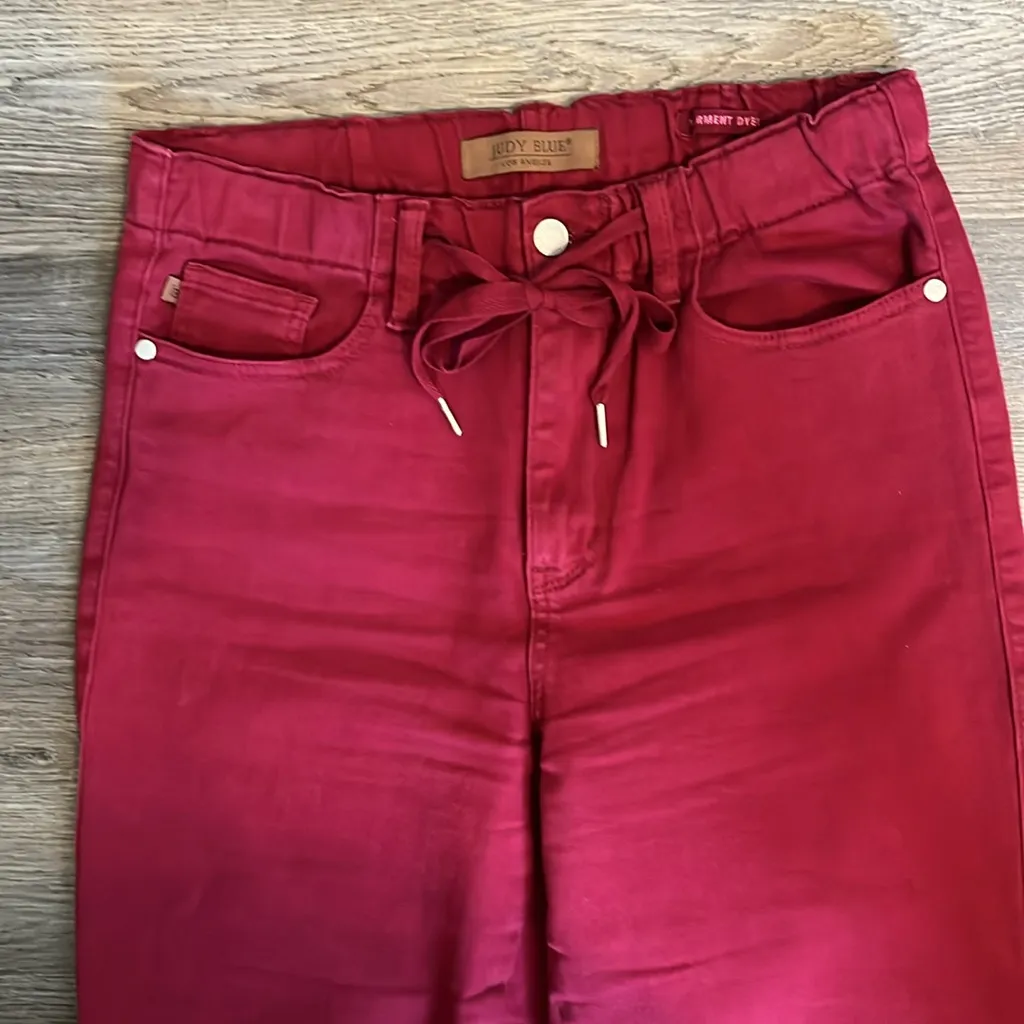 Judy Blue Wine Red Drawstring Waist Double Cuff Joggers Jeans Pants 27 - Image 3