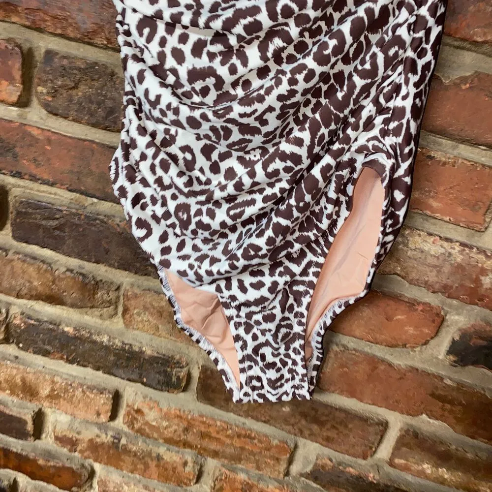 New J. Crew Leopard Print One Shoulder Ruched One-Piece Swim Bathing Suit Size 2 - Image 4