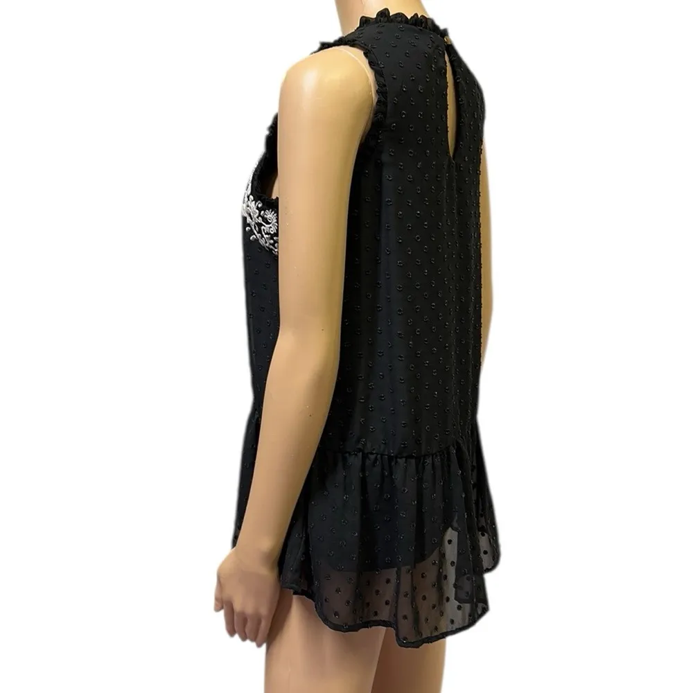 Eyeshadow Swiss Dot Black Floral Embroidered Sleeveless Sheer Overlay Top Size S - Image 6