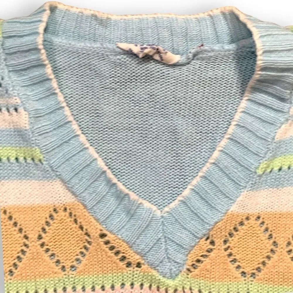 Vintage 90s Sweater Pastel Light Pink Multicolor Striped V Neck Knit Open Weave Blue - Image 7