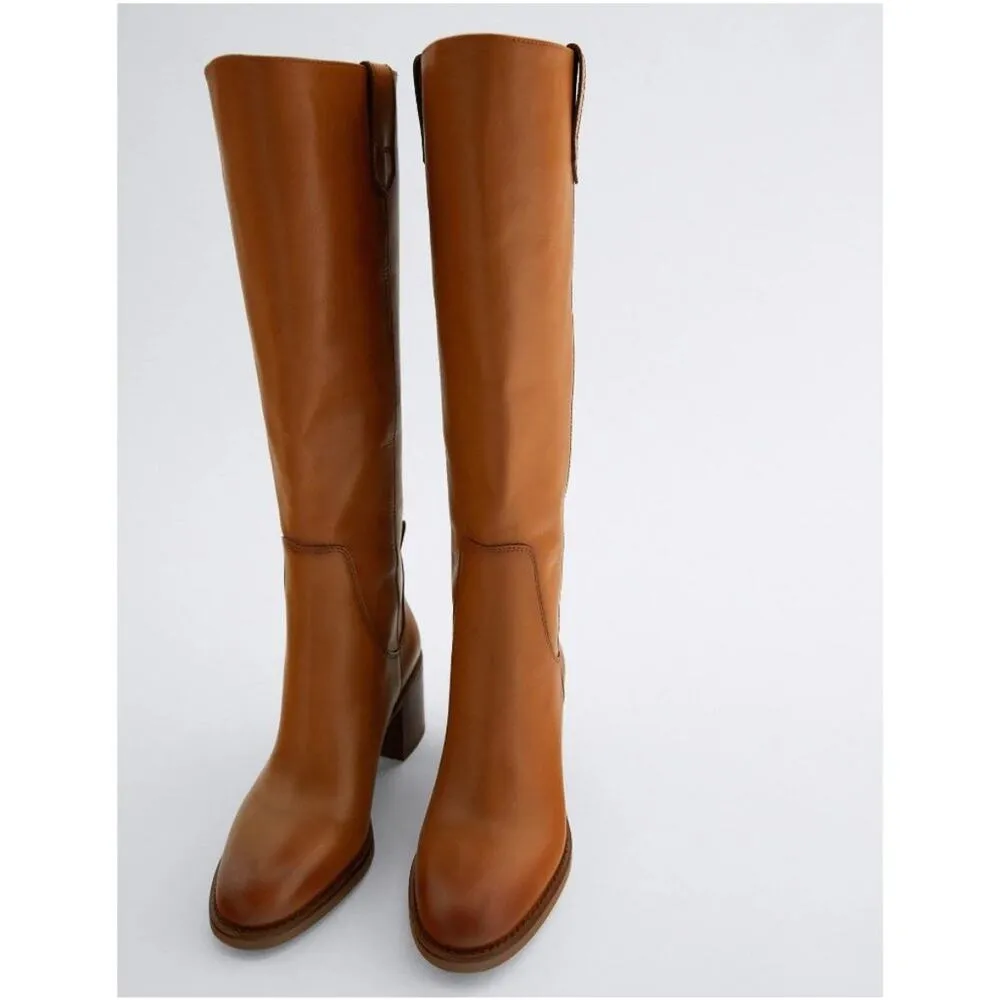 Zara Leather Knee High Block Heel Pull On Boots - Image 11