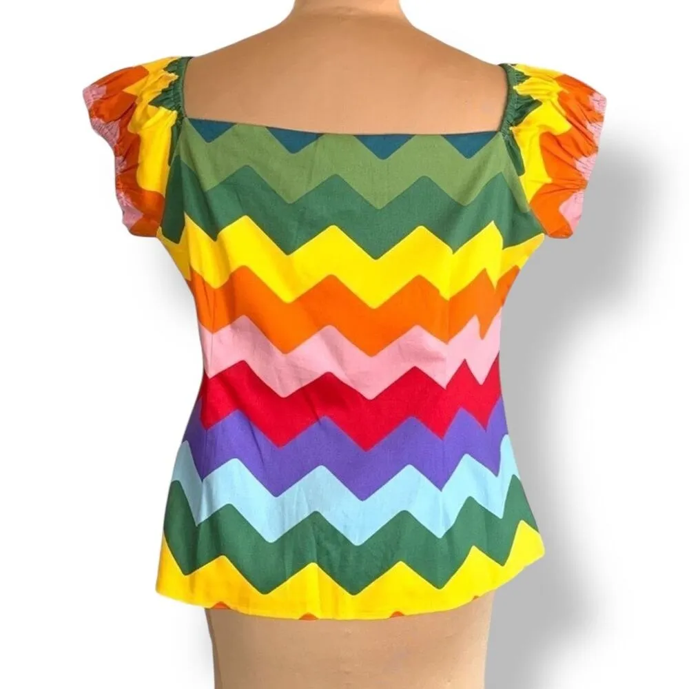 ModCloth X Collectif Rainbow Striped Abstract Button Front Short Sleeve Top 16 Red - Image 5