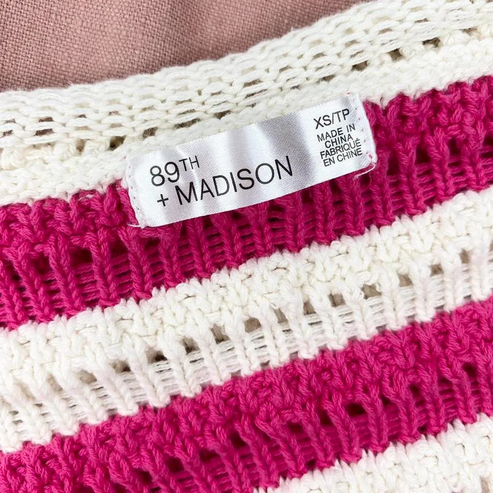 89th & Madison Pink & White Striped Cropped Flare Sleeve Crochet Sweater - Image 8