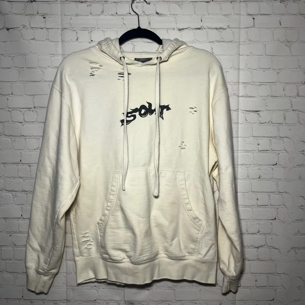 ✨Olivia Rodrigo Sour Tour Cream Distressed Hoodie Fairy Art Wings Pullover Sz M Size M - Image 2