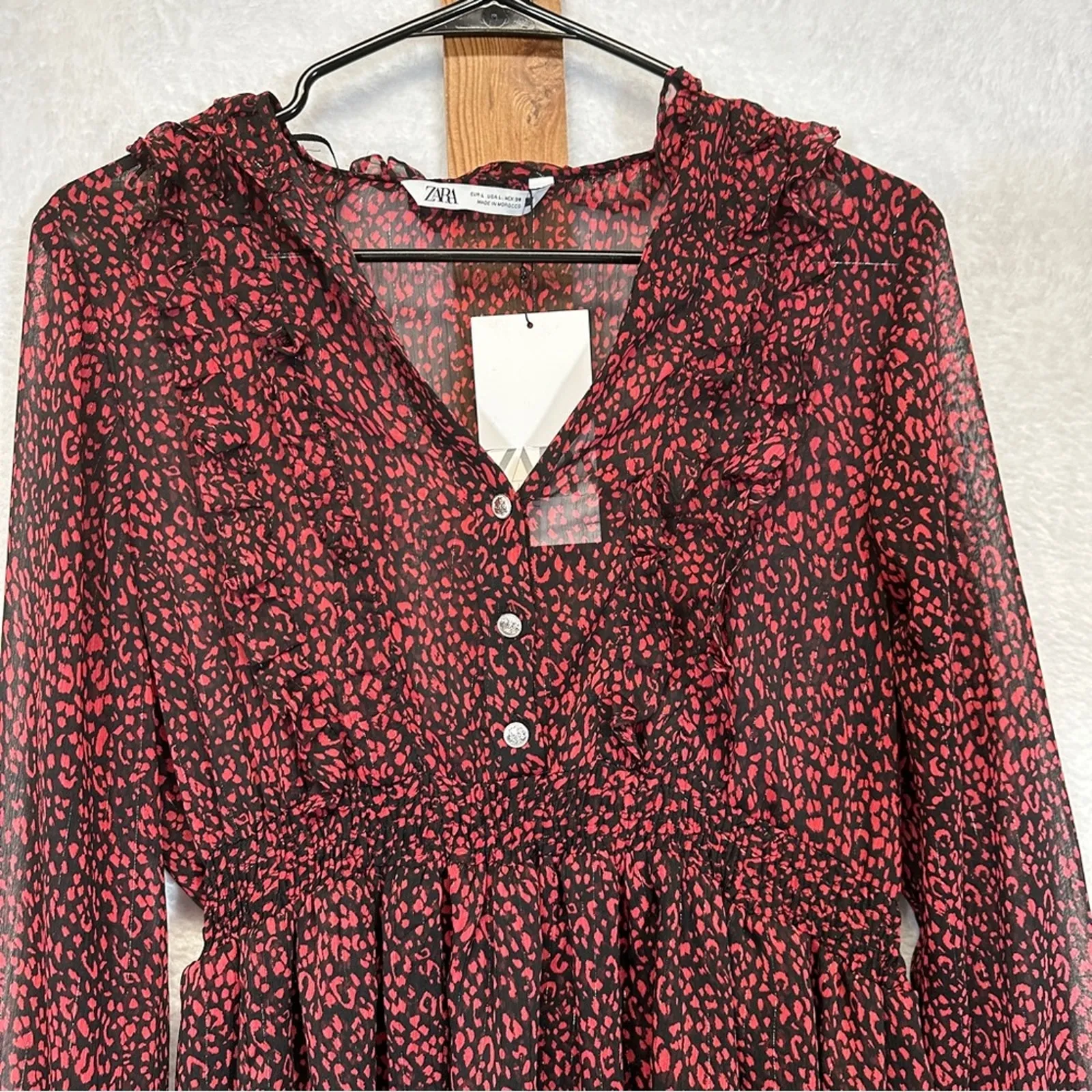 Zara Red & Black Cheetah‎ Print Long Sleeve Ruffled Mini Dress Size L - Image 2