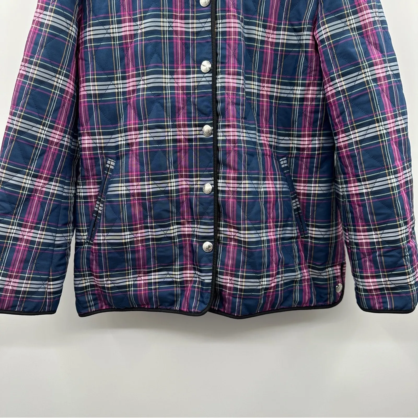 Coach Quilted Navy Blue & Purple‎ Plaid Print Long Sleeve Snap Front Jacket Sz M - Image 3