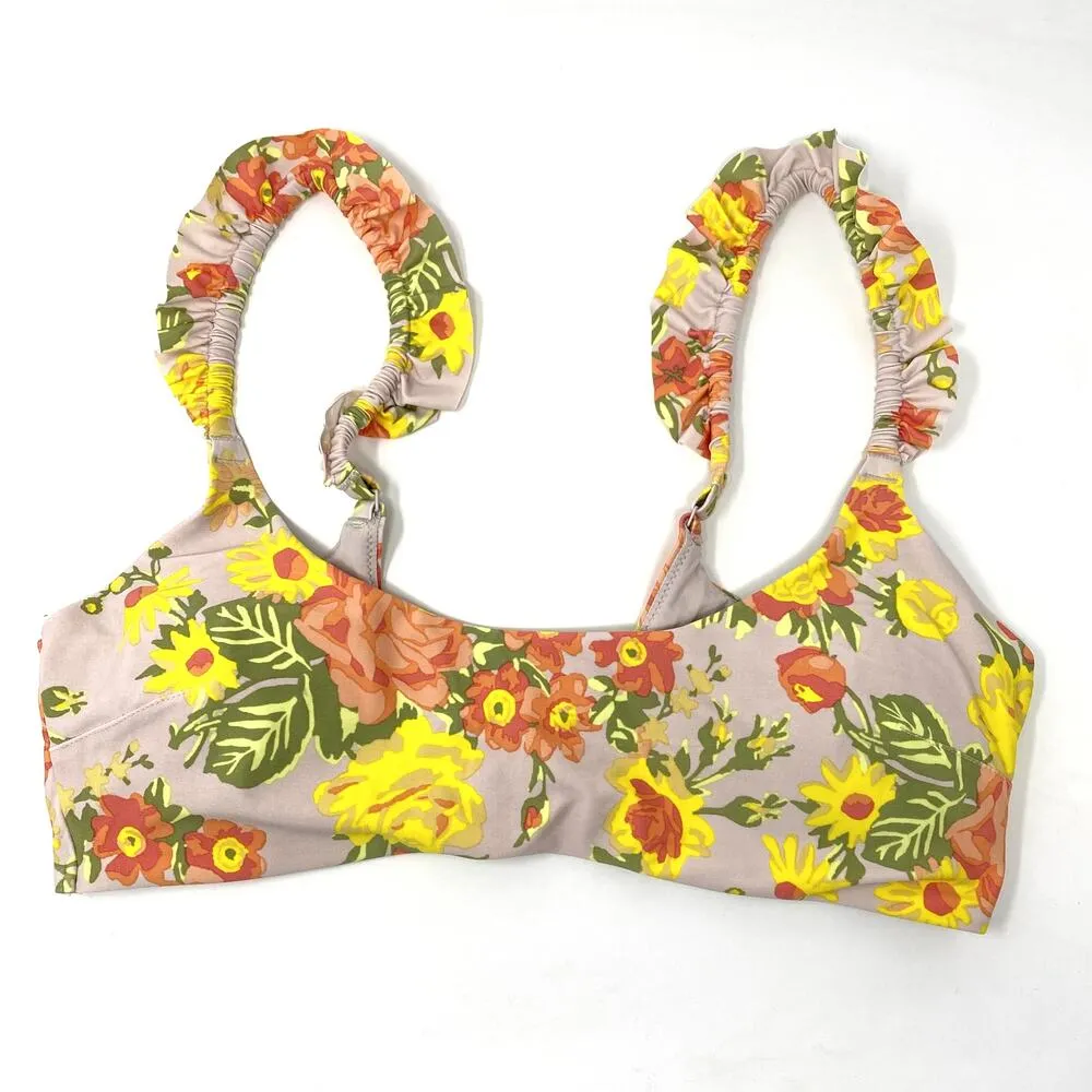NWOT Aerie Beige Freesia Floral Print Ruffle Pull-on Scoop Bikini Top L - Image 3