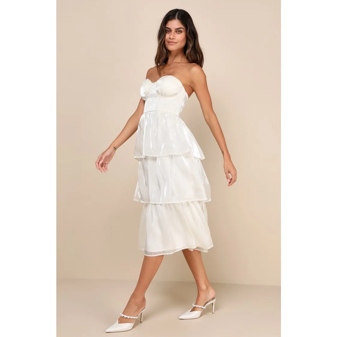 NWT Lulus Com-pleat-ly Charming Ivory Organza Tiered Strapless Midi Dress Sz M - Image 6
