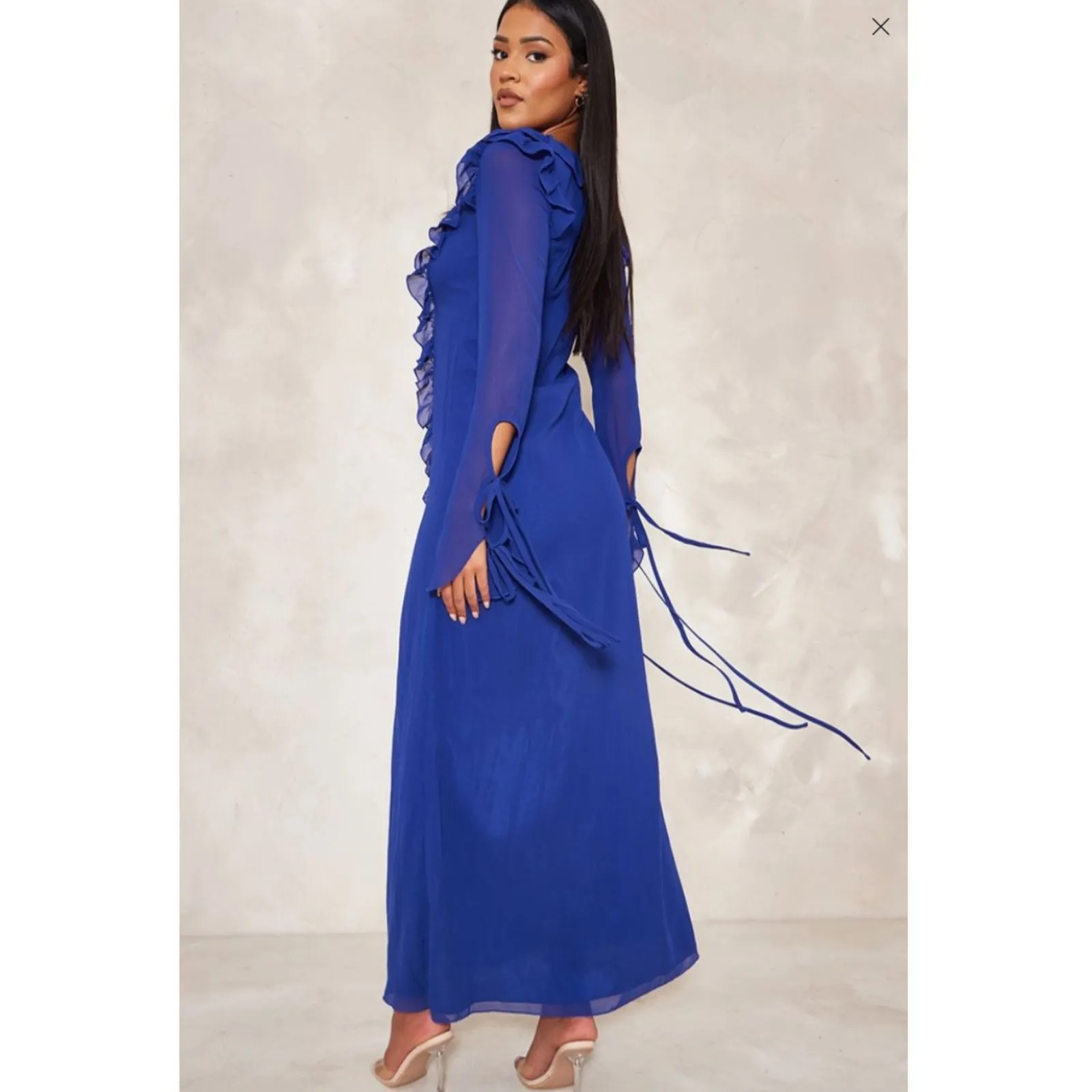 Pretty Little Thing Tall Bright Blue Long Sleeve Frilled Dress Size 4 NWT - Image 2