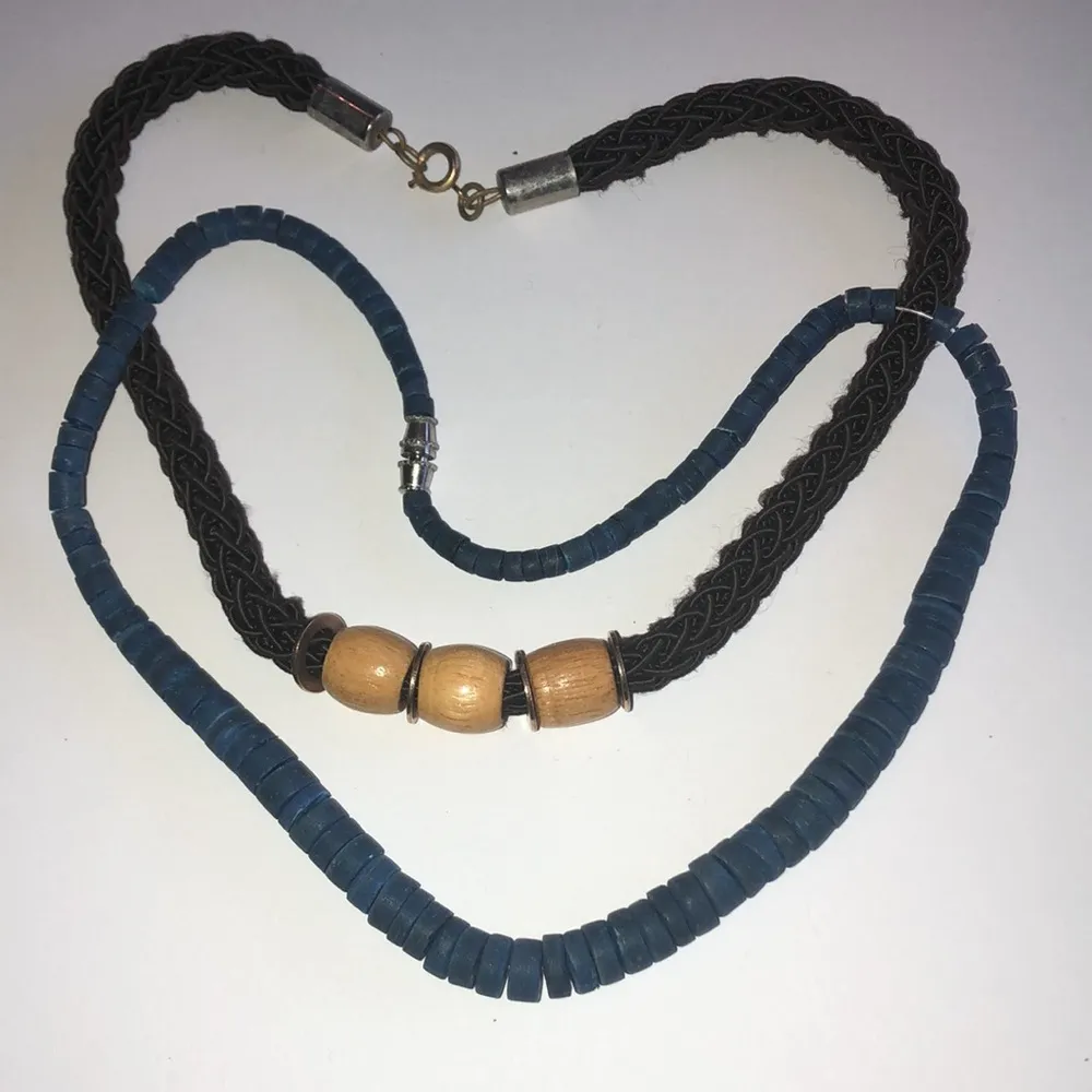2 Vintage Boho Brown Wood & Blue Disk Beaded Retro Necklaces - Image 3