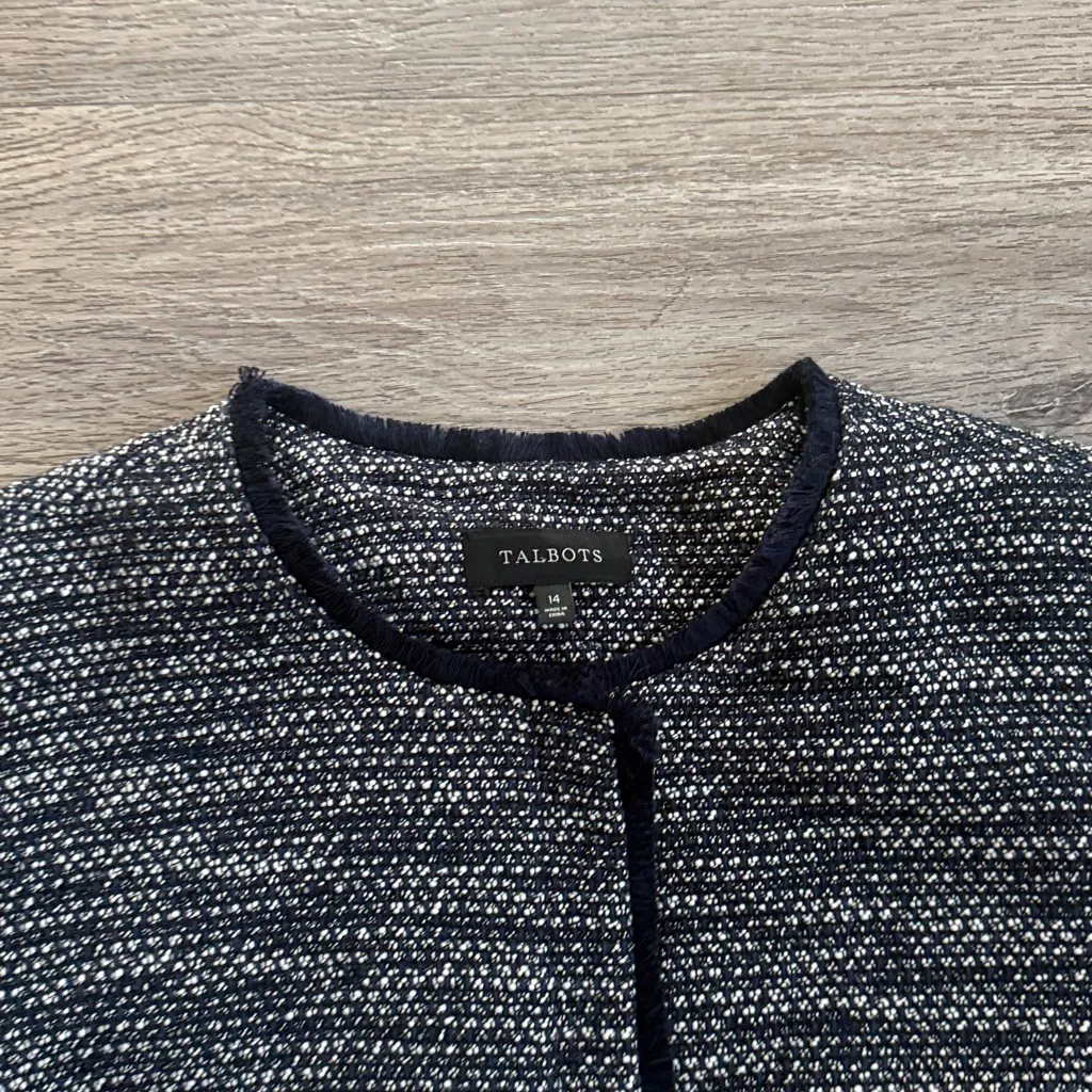 Talbots Classic Navy Textured Blazer Women’s Collarless Tweed Peplum Jacket 14 - Image 4