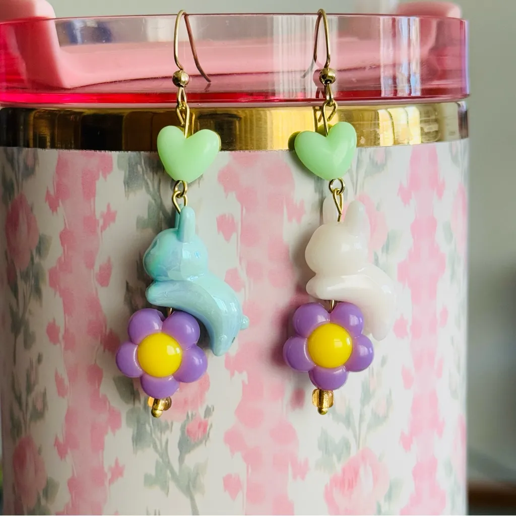 Colorful Heart and Flower bunny Earrings Green - Image 2