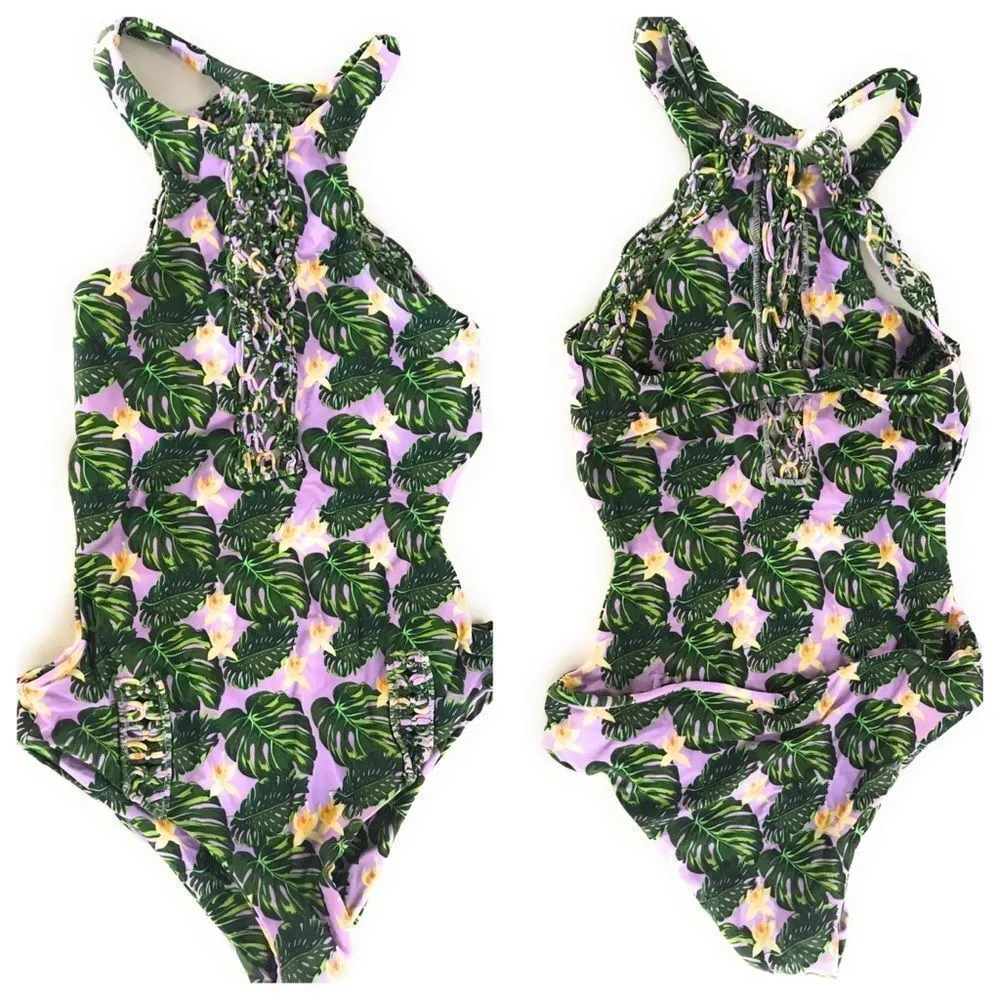 Seabellas Palm Print Monokini Bathing Suit Purple Size L - Image 3