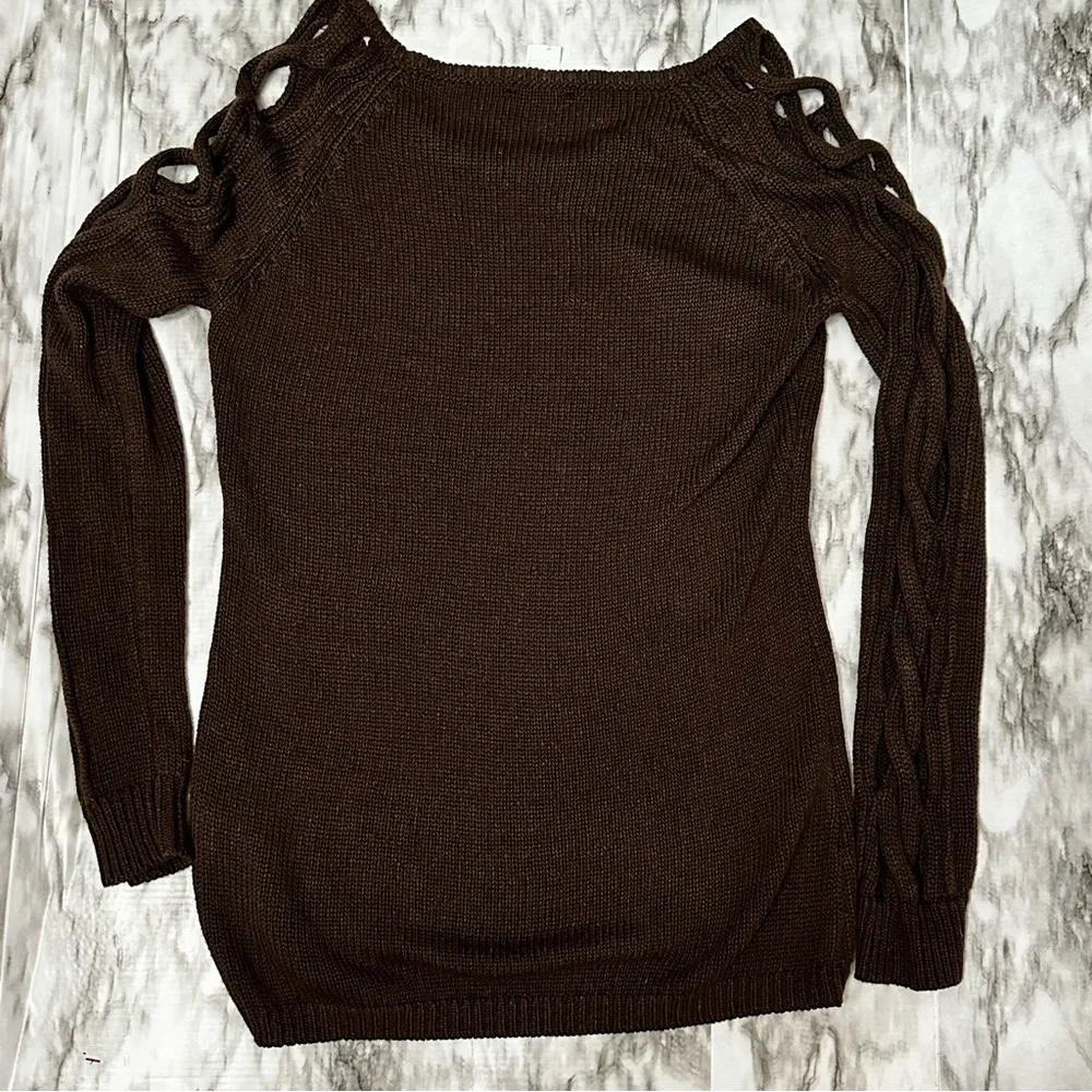 Venus Sz M Brown Tunic Sweater Braided Keyholes Dark Academia Forest Witchy Sexy - Image 3