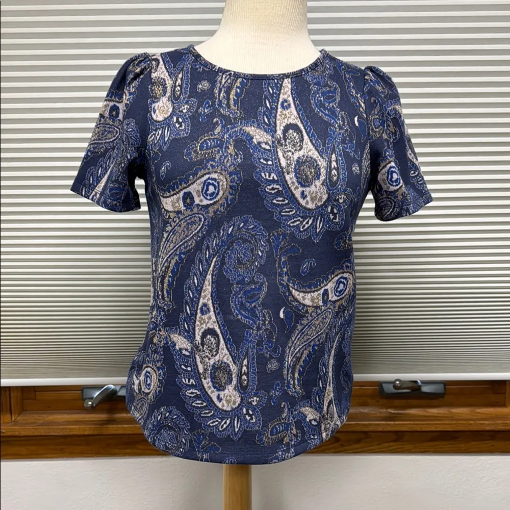 Anthropologie Demeter Blue Paisley Sparkly Puff Short Sleeve Knit Top Size XS - Image 5
