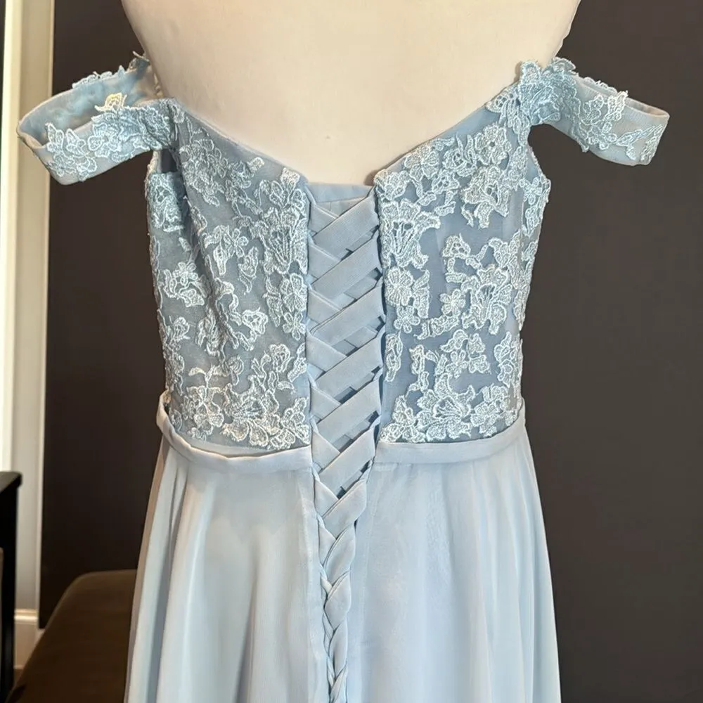 Women’s Pale Blue Off the Shoulder Chiffon Bridesmaid Dress Corset Size 16 NWOT - Image 6