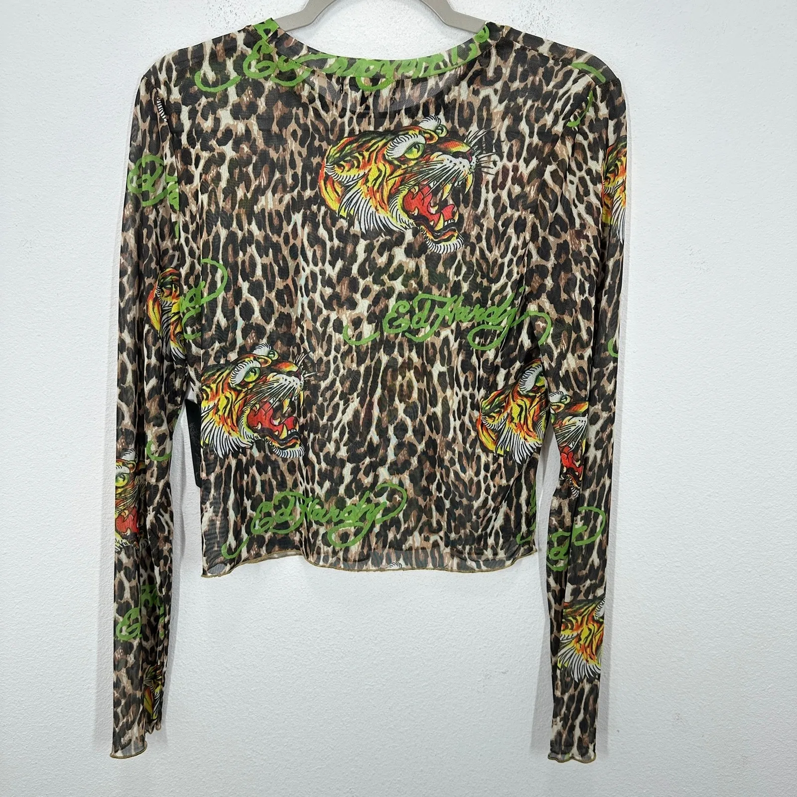 Ed Hardy Women's Long Sleeve Sheer Mesh Tiger Leopard Print Top Shirt Size L NWT - Image 6