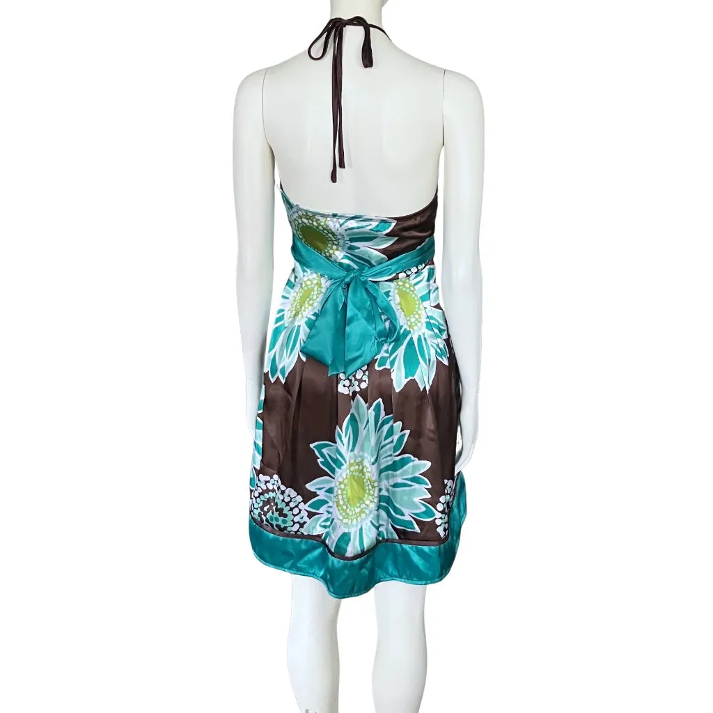 Vintage Y2K Brown Teal Floral Halter Satin Party Dress. XS. Girlhoodcore Fairy - Image 5