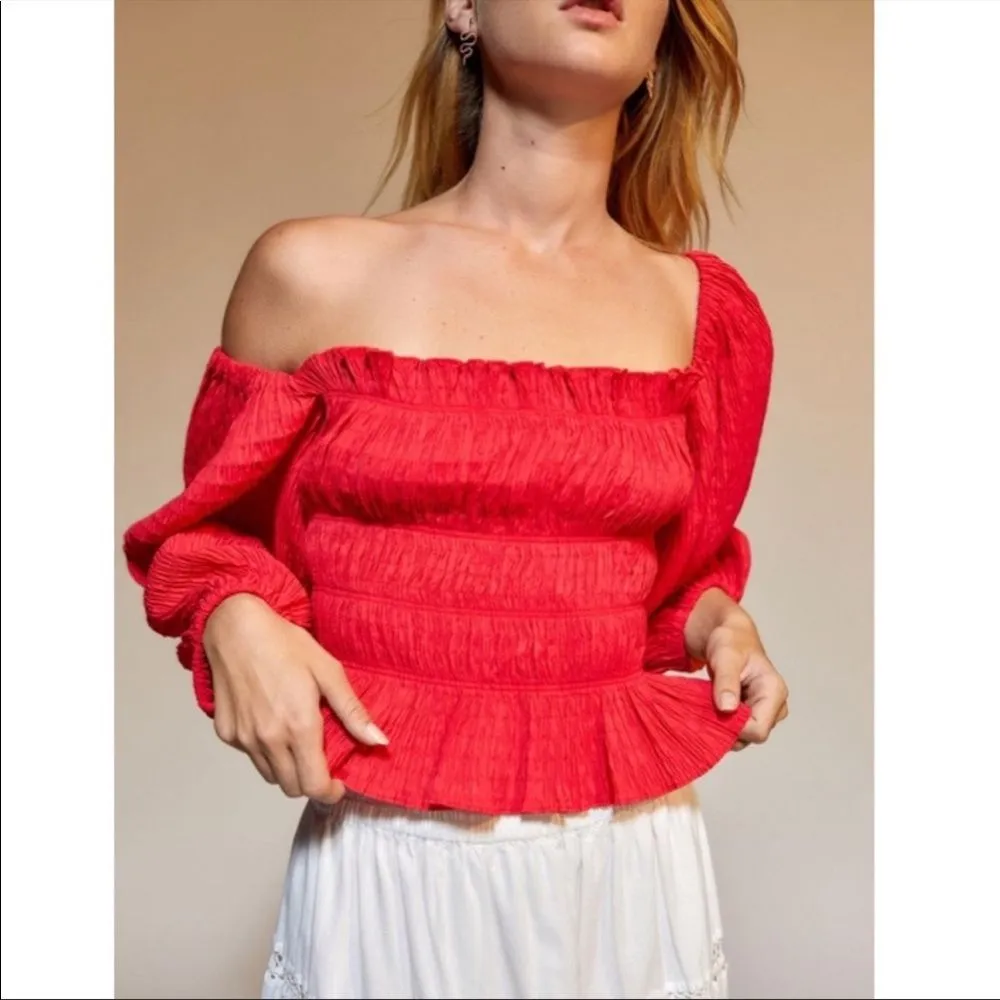 Urban Outfitters Vida Red Smocked Crisscross  Tie Back Off Shoulder Blouse XS - Image 4