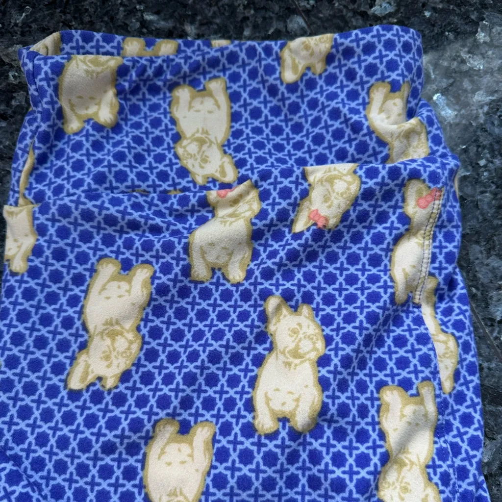 LuLaRoe Purple Blue Cream French Bulldog Puppy Leggings Women’s Plus Size 1X TC - Image 3