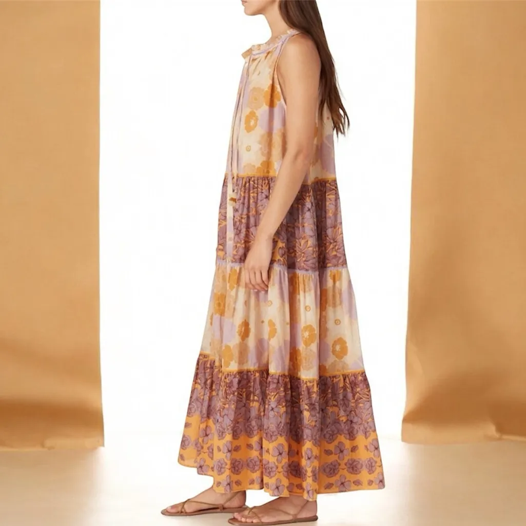 Carolina K Isidora Vall Kaftan Tiered Ruffle Floral Print Maxi Dress Size Large Yellow - Image 4