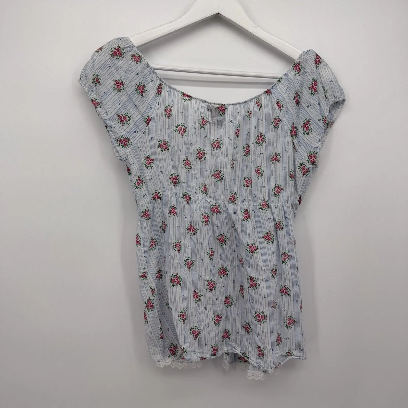 Fang Dainty Floral Striped Blue Multicolor Top Lace Trim Coquette Size Large Y2K - Image 7