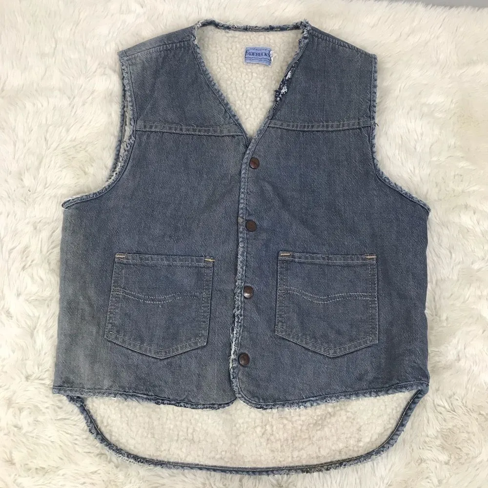 VINTAGE Sears Roebuck Denim Trucker Vest Sherpa Distressed Destroyed Retro Large Blue - Image 3