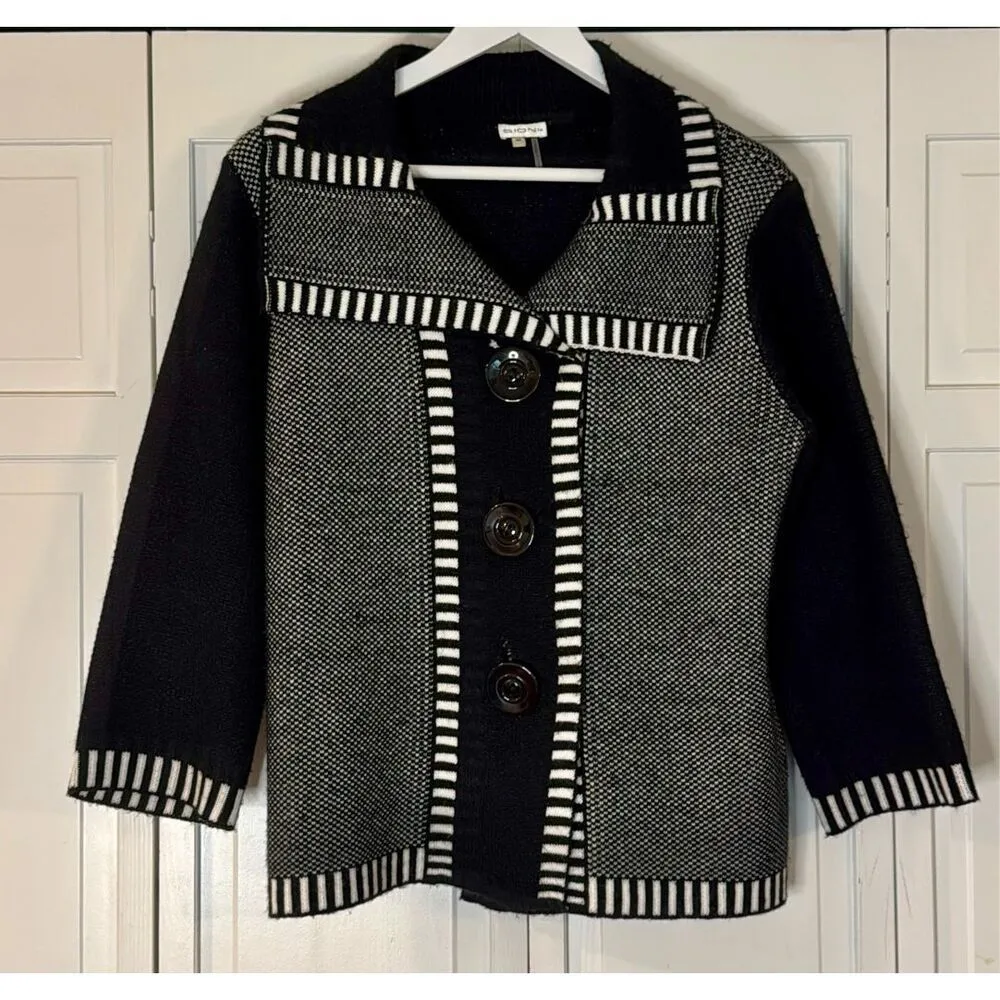 Sioni black white wool blend collared button front sweater M Black Size M - Image 3