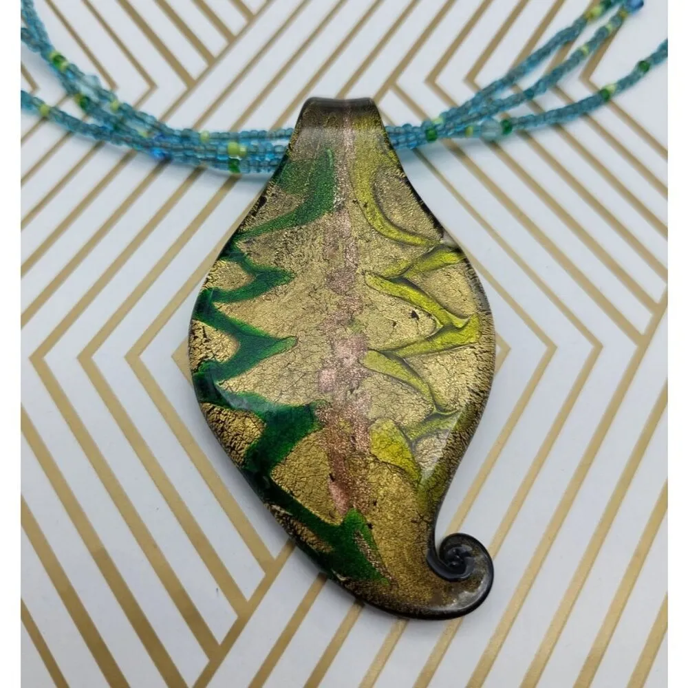 Multi Strand Tiny Blue Glass Seed Bead Necklace Art Glass Gold Foil Pendant 21" - Image 7