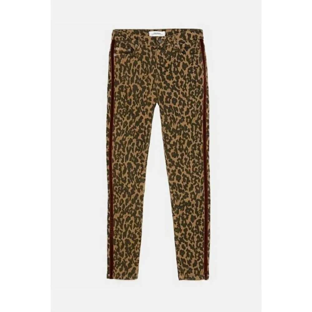 Zara Woman Premium Brown Leopard Print With Velvet Side Stripe Skinny Jeans Size - Image 5