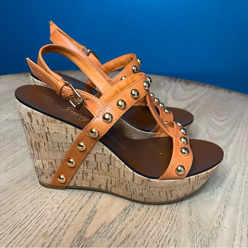 Juicy Couture Kipper Stud Strappy Leather Wedge Sandals Orange Women’s Size 7.5 - Image 2